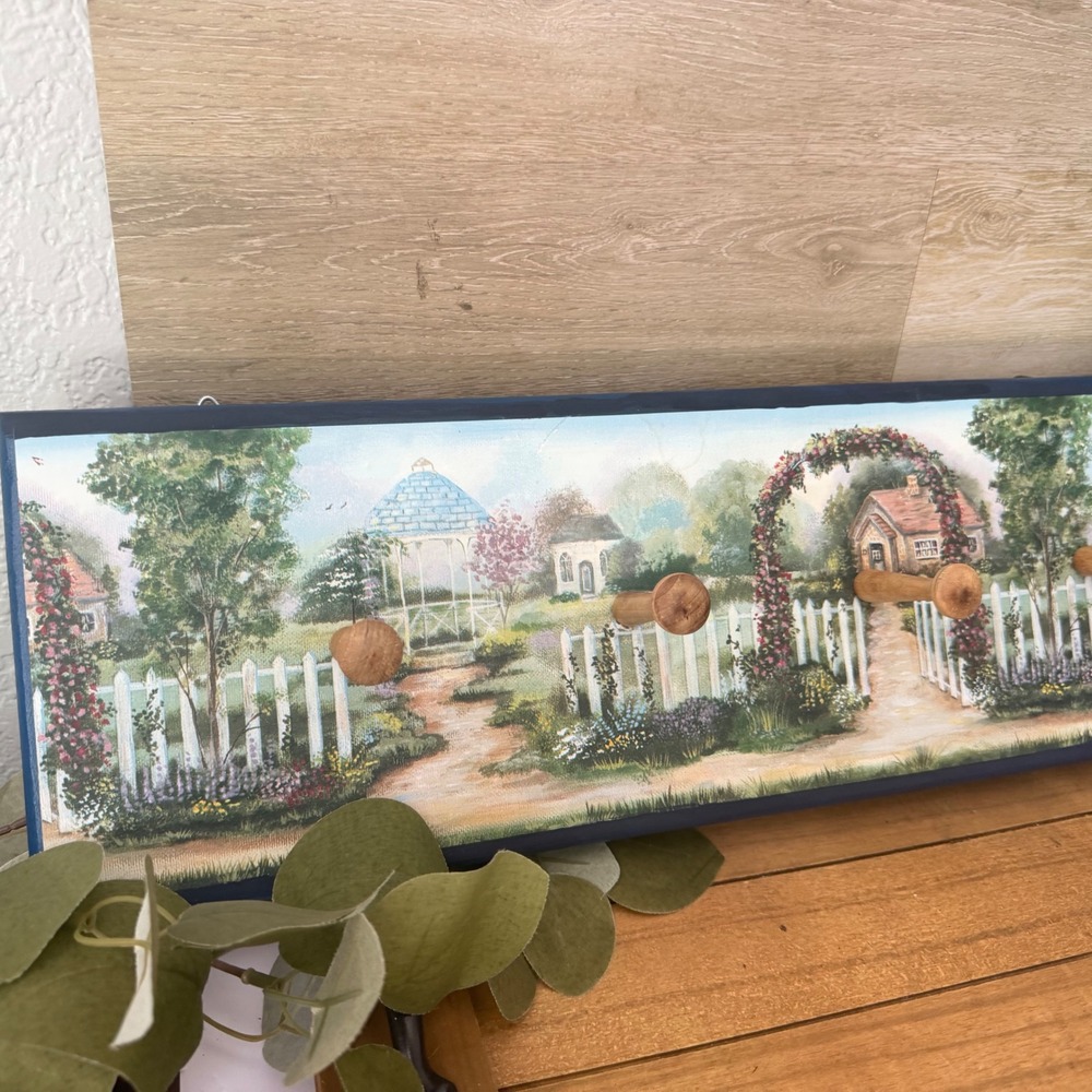 Vintage Garden Scene Wooden Wall Rack 5 Peg Coat Hat Hanger Cottagecore Decor